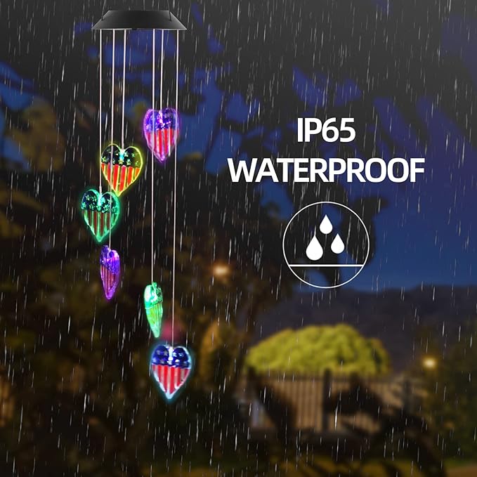 American Flag Solar Wind Chimes, Heart-Shaped Love Patriotic Wind Chime Color Changing Solar Lights for Garden Patio Home Decor