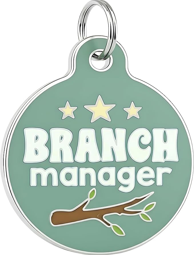Bad Tags Personalized Dog and Cat ID Tags in 25+ Designs and 2 Sizes - 5 Lines of Custom Engraved Text - Funny Cute Personalized Pet Tags (Branch Manager, Large (1.25 inch))