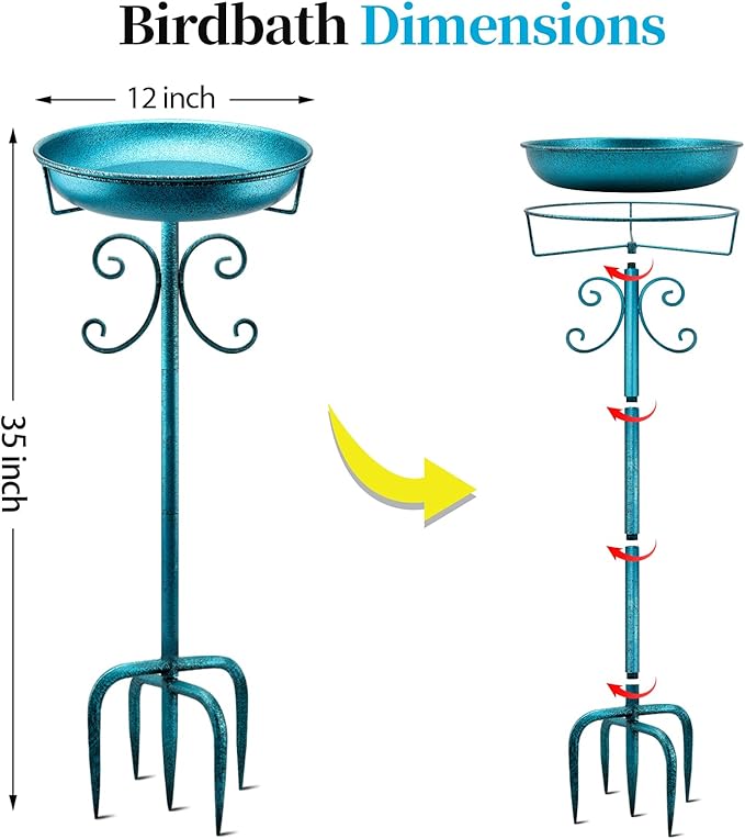 Daoeny 35In Metal Bird Bath for Outside, Vintage Freestanding Birdbaths & Birdfeeder, Bird Baths Feeder Bowl for Outdoors Garden Patio Yard Lawn Decor, Upgraded 5-Pronged Base (Blue)