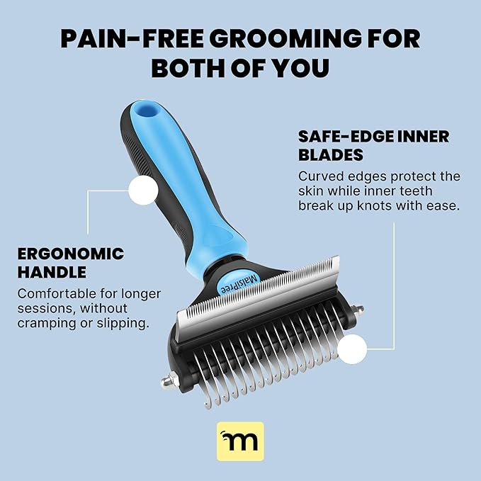 MalsiPree 2-in-1 Cat Brush for Shedding - Double-Sided Undercoat Rake for Long Haired Cats - Professional Dematting Tool for Dense Double-Coats - Gentle Deshedding Brush for Kittens, Blue
