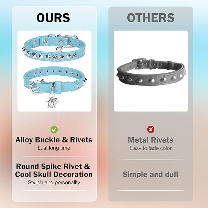 Leather Cat Collars for Boy Girl Cats with Bell and Safety Elastic Belt, Personalized Rivets Stud Adjustable Safe Buckle Collar with Skull Charm for Kitty Small Pets, Light Blue