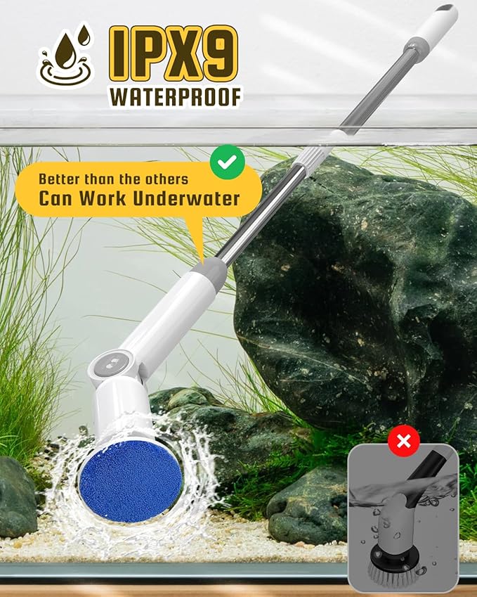 fishkeeper 8-in-1 Electric Aquarium Cleaning Brush - IPX9 Waterproof, LED Screen Handle w/ 2 Speed-Control & Battery Display USB Rechargeable Spin Fish Tank Cleaner Tools Kit with 8 Scrubbers