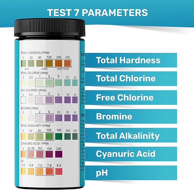 Pool Test Strips 7-in-1, 200 Quick and Accurate Pool and Hot Tub Test Strips - Pool Water Testing Kit for Chlorine, Bromine, pH, Hardness, More - All in 1 Swimming Pool Test Strips by JNW