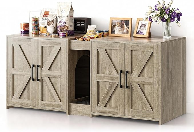 Cat Litter Box Enclosure Furniture - Hidden Litter Box Double Cabinet with Scratch Pad & Cats Bed | Farmhouse Style End Table for Cats | Discreet Cat Washroom for Living Room & Bedroom Grey