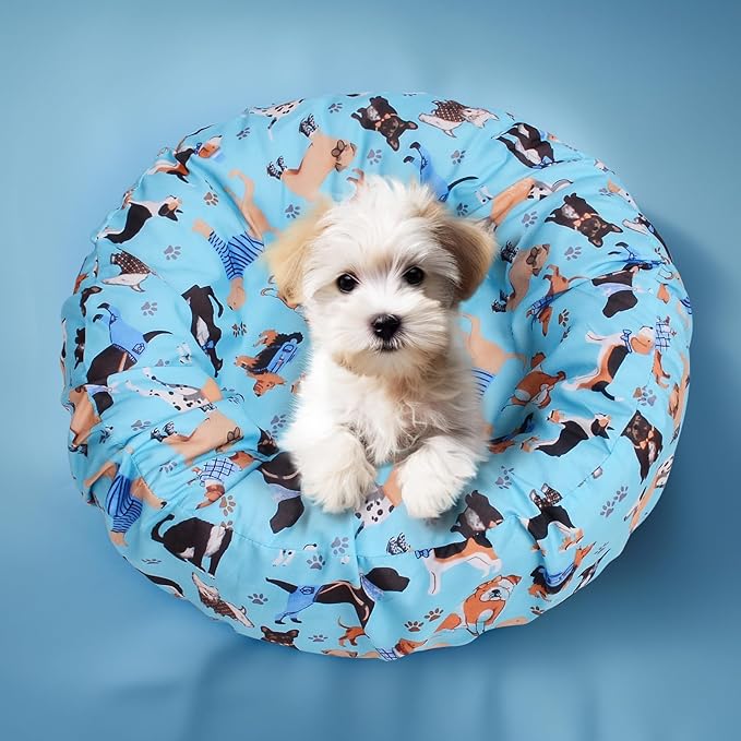 Round Replacement Dog Bed Covers Elastic Edged Washable Pet Bed Protector with Cute Dog Pattern Design for Small & Medium Pet Beds, Cover Only (Blue, 20×9.8 Inch)