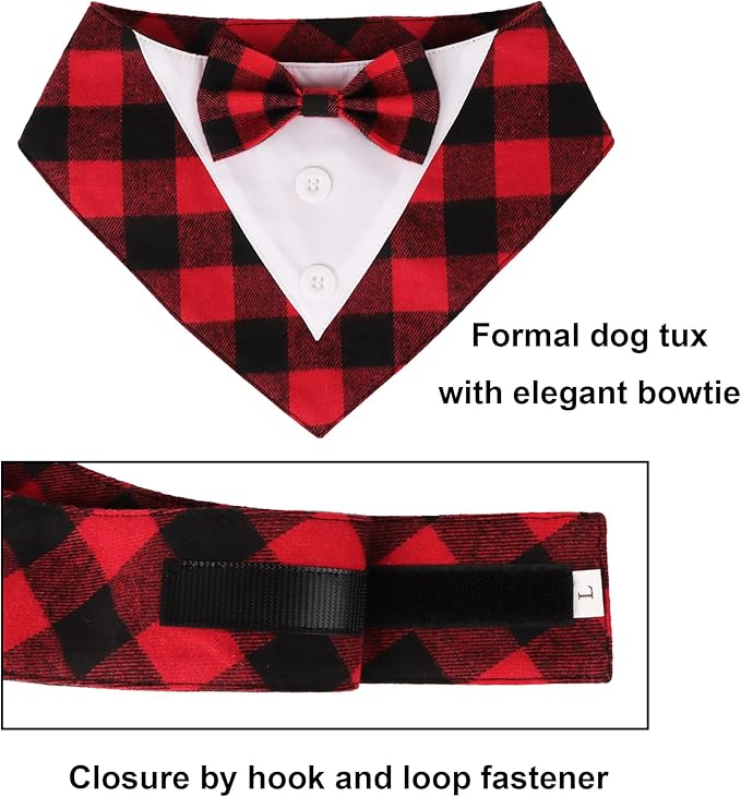 ADOGGYGO Christmas Dog Tuxedo Bandana, Red Plaid Xmas Pet Bowtie Collar, Adjustable Christmas Costumes for Large Dogs (L)