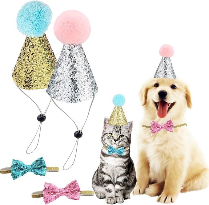 4 Pcs Cat Birthday Hat Bowtie Small Dog Hat Headband Topper Bowtie Adjustable Cute Puppy Birthday Costume Accessories for Small Medium Pets (2/Pink+Light Blue)