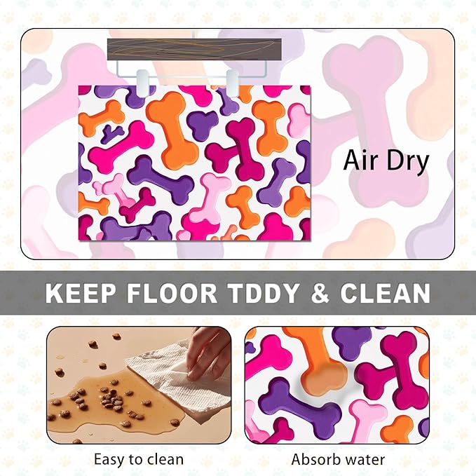 Colorful Dog Bone Pattern Pet Food Mat for Dog Food and Water Bowl Pet Feeding Bowl Mats for Pet Feeding Areas Funning Easy Clean Fast Dry Cat Water Bowl Mat 24" x 16"