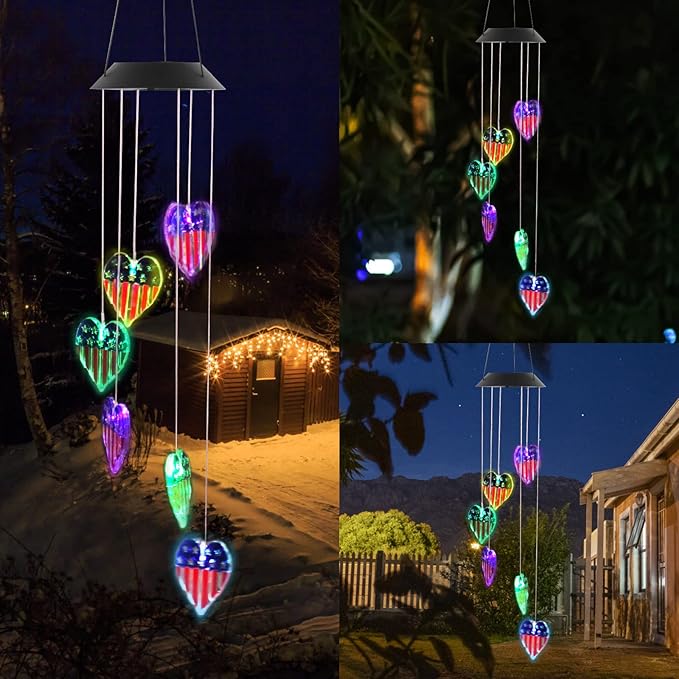 American Flag Solar Wind Chimes, Heart-Shaped Love Patriotic Wind Chime Color Changing Solar Lights for Garden Patio Home Decor