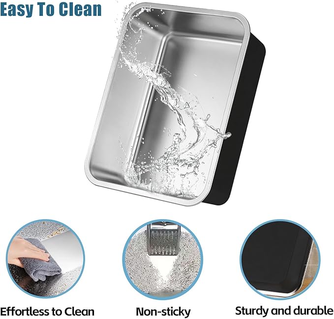 Stainless Steel Cat Litter Box - Metal Medium to Large High Sided Litter Pan Tray, Easy to Clean No Stick No Smell Litter Box Toilet for Indoor Kitty, Kitten (Black, 17.7" x13.8" x6")