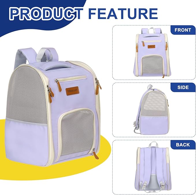 Pet Backpack Carrier, Portable and Ventilated, Oxford Cloth, Dogs Cats and Small Animals Travel Bag 12.6", (Purple, 1 Pcs), Intended for Hiking/Camping/Traveling