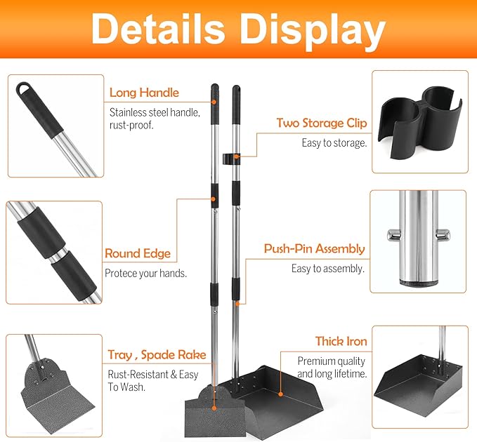 Pooper Scooper, Metal Aluminum Tray and Spade Poop Scoop Set with Adjustable Stainless Steel Long Handle, Pet Waste Removal Heavy Duty Poop Scooper (Tray&Spade, Small)