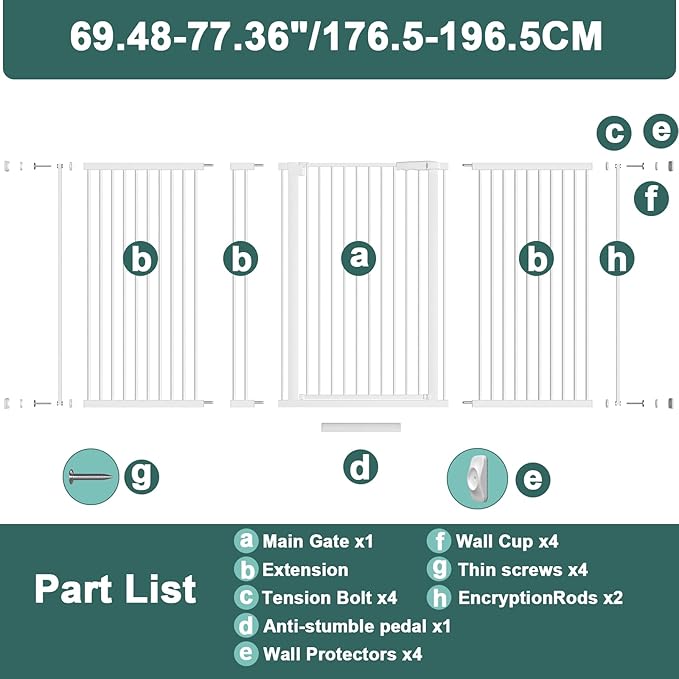40.55" Tall, 69.48-77.36 Inch Wide, 1.37" Ultra Narrow Spacing Dog Pet Baby Gate Indoor for Doorway Hallway, Pressure Mounted 70 71 72 73 74 75 76 77 Inches Wide