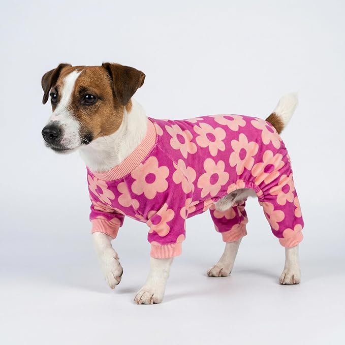 Fitwarm Flower Fleece Dog Pajamas, Warm Winter Dog Clothes for Small Dogs Girl, Cozy Pet Onesie with Feet, Pink, Medium