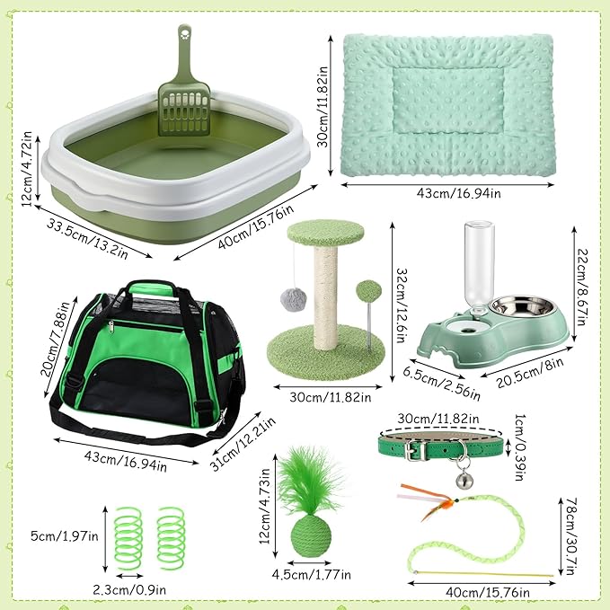 Eccliy Kitten Starter Kit, 10 Pcs Cat Starter Kit for Indoor Cats Kitten Essentials Includes Litter Box, Pet Toy, Folding Carrier, Climbing Frame, Mat, Collar, Automatic Food Bow(Classic,Green)