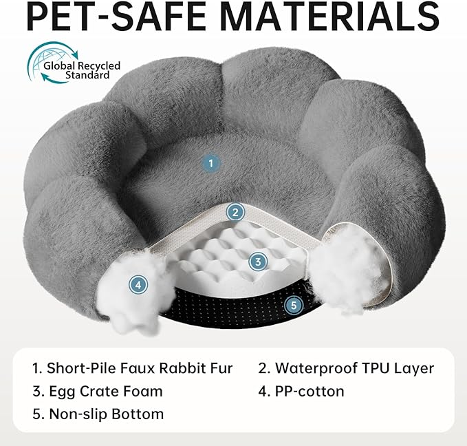OhGeni 36 inches Calming Donut Orthopedic Dog & Cat Bed for Large Pets, Warming Comfort Fluffy Short Pile Fur, Durable Waterproof Machine Washable Removable Cover, Cute Round Bed for Puppy, Dark Gray