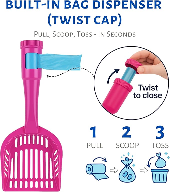 2-in-1 Pooper Scooper with Bag Attachment, Cat Litter Shovel Scoop with Bag, Built-in Dispenser, Includes Trash Roll, Rinse-Clean, Anti-Stick, Smart Sifter, Long Handle (Hot Pink)
