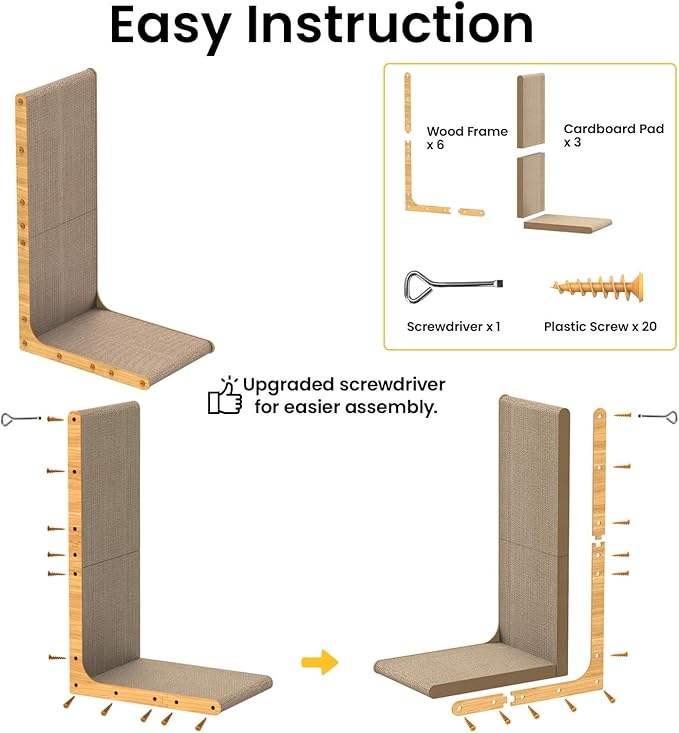 Cardboard Cat Scratcher,26 Inch L Shape Scratch Pad Wall Mounted,Vertical Scratching Board, Durable Cardboard to Protect Furniture for Indoor Cats,Wood Grain Junbo