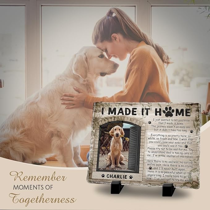 Personalized Polychromatic Rock Plaque: 'I Made It Home' - Memorial Stone Gifts for Loss of Your Beloved Pet, Sentimental Dog and Cat Grave Markers in Our Hearts, House Decoration