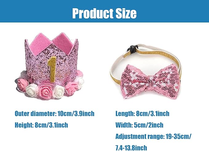 Pet Birthday Hat, Dog Birthday Crown Hat and Bowtie with 0-9 Figures Charms Party Accessories for Small Medium Dogs Cats (PINK)