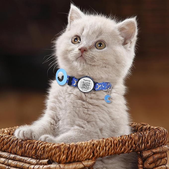 Stars and Moon AirTag Collar with AirTag Holder & Bell,Air Tag Cat Collar for Apple. Solid & Safe, Pet Collar, Breakaway Cat Collar,Smart QR Code Cat ID Tags - Pet Online Profile(Pink)