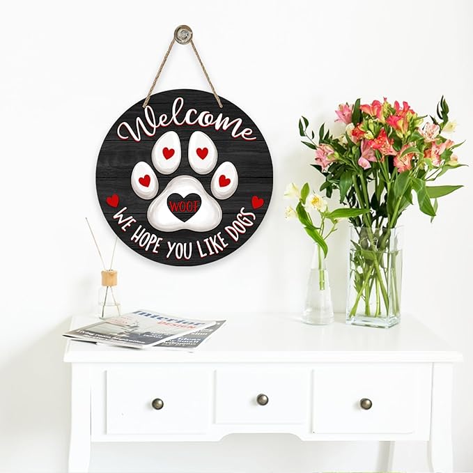 Deroro Welcome We Hope You Like Dogs Front Door Sign, Dog Cat Paw Print Black Farm Wood Door Hanger Outdoor Porch Decor, Woof Farmhouse Wooden Wreath Indoor Wall Hanging Decoration Dog Lover Gifts