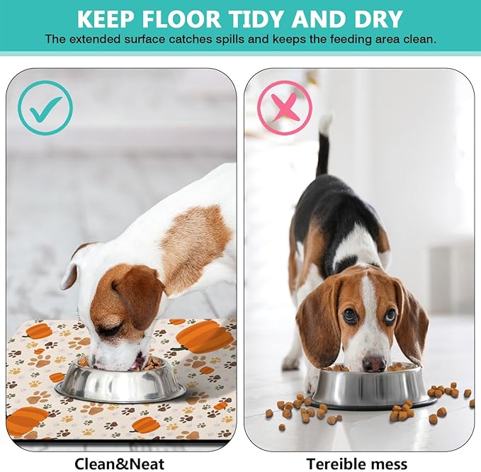Fall Pumpkin Dog Food & Water Mat, Paw Prints Autumn Pet Feeding Mat for Floor Non-Slip Waterproof, Super Absorbent Cat Bowl Mat, Easy to Clean Eco-Friendly Durable Pet Placemat,16" × 24"