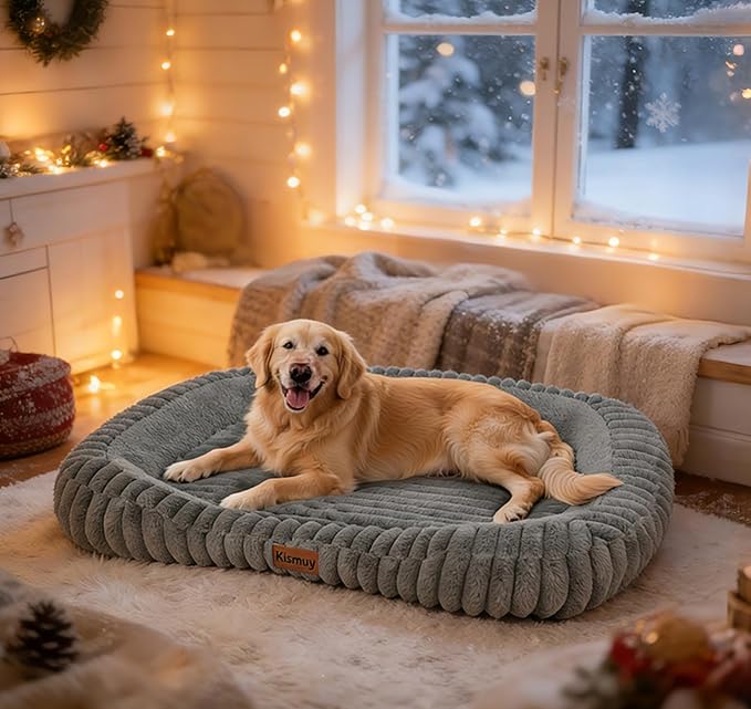 Cute Dog Bed for Extra Large Dogs, XL Washable Soft Plush Furry Calming Dog Bed with Removable Zipper Cover, Orthopedic Rectangle Anti-Anxiety Pet Kennel Bed with Handle, 43x31x5inches, Grey