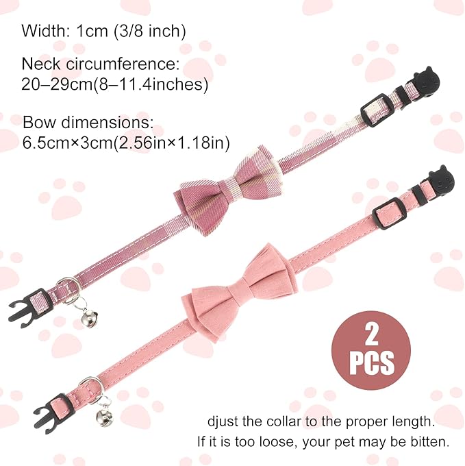 Cat Girl Collar Breakaway Bowtie - Safety Adjustable Cat Collars for Girl Cats with Bell - 7-11 Inches Length Christmas Cats Bow Tie Collar Pink