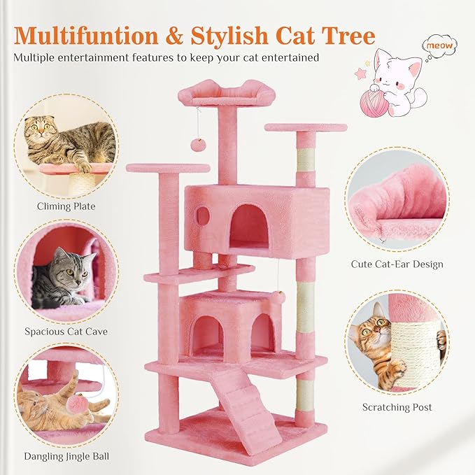 Sweetcrispy 54-Inch Cat Tree Tower – Multi-Level with Sisal Scratching Post, Perfect Pet Gift, Indoor Condo with Climbing Ladder, Plush Toy, and More Animal Stuff, Pink