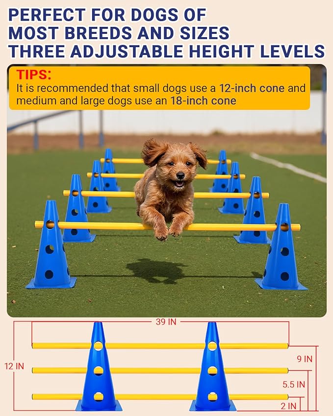 Dog Agility Course Backyard Set, Dog Agility Hurdle Cone Set with Height Adjustable Crossbar for Rehabilitation & Beginners, Dog Agility Equipment for Dog Obstacle Course - 12 Inch