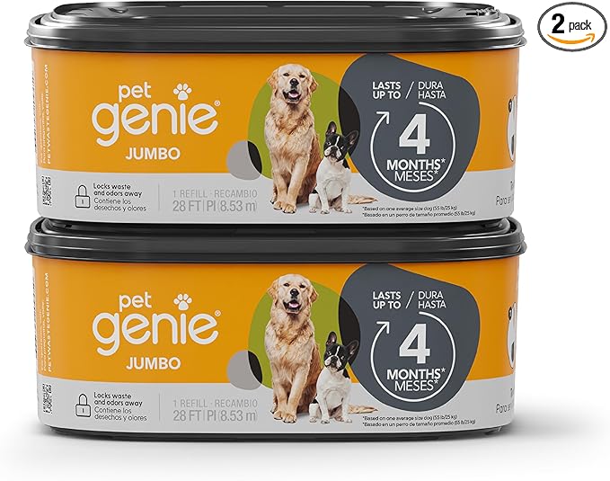 Pet Genie Refill Bags | Jumbo 2-Pack, 56 Total ft | Up to 8 Months of Supply in 2 cartridges | Ultimate Odor Control Dog Poop Bags