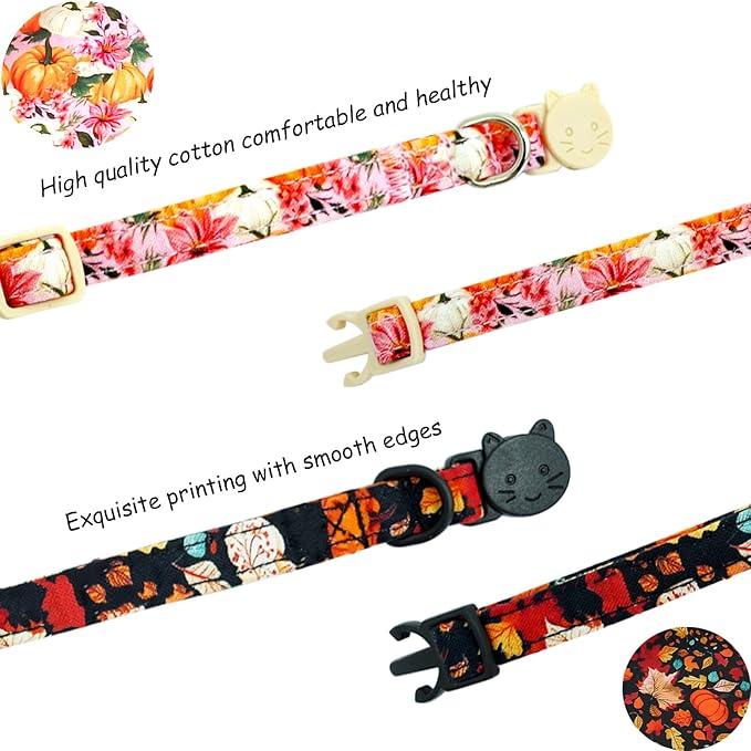 Fall Cat Collar-2 Pack Holiday Cat Collars Pumpkin Print Breakaway with Kitten and Bell Pendant Safety Buckle Pet Collar Cute Cotton Collar for Cats and Small Pets Gift