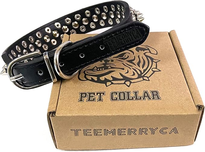 TEEMERRYCA Adjustable Microfiber Leather Spiked Studded Dog Collars with a Squeak Ball Gift for Small Medium Large Pets Like Cats/Pit Bull/Bulldog/Pugs/Husky, Black, L(15"-18.5")