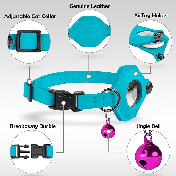 Breakaway Airtag Cat Collar with Removable Bell - Leather Pet Collar with Apple Air Tag Holder - Adjustable GPS Collars for Girl Boy Cats Kitten Puppy - Lightweight, Cute and Comfortable (Aquamarine)
