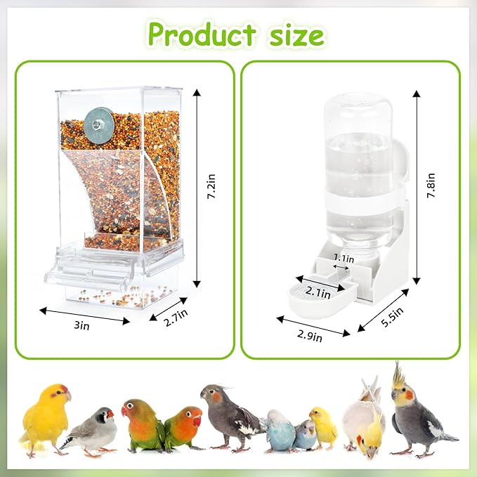 Rypet No Mess Bird Water Feeder Dispenser Set Automatic Bird Feeder Transparent Food Container Cage Acrylic Parrot Feeders Accessories for Small Birds Parrot Cockatoo Canary