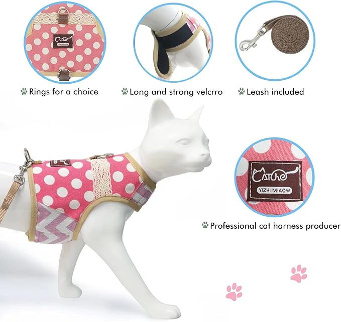 Cat Harness and Leash for Walking Escape Proof, Adjustable Cat Vest Harness, Padded Stylish Cat Walking Jackets, Polka Dot Pink, Medium