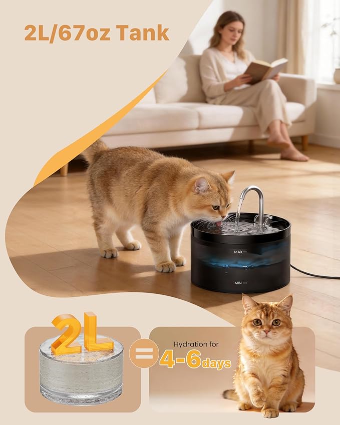 Cat Water Fountain Pet Fountain: 67oz/2L Cat Water Dispenser - Black Pet Dispenser - Faucet Dog Bowl - with 6 Filters + 3 Sponges - GIOTOHUN