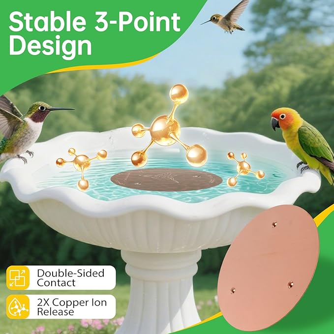 2 Pack Bird Bath Copper Discs, 99.9% Pure Copper Cleaner with Triple-Point Support, Reinforced Design for Safe Clean Water, Universal Fit for Outdoor Birdbaths and Bowls, All-Season Use