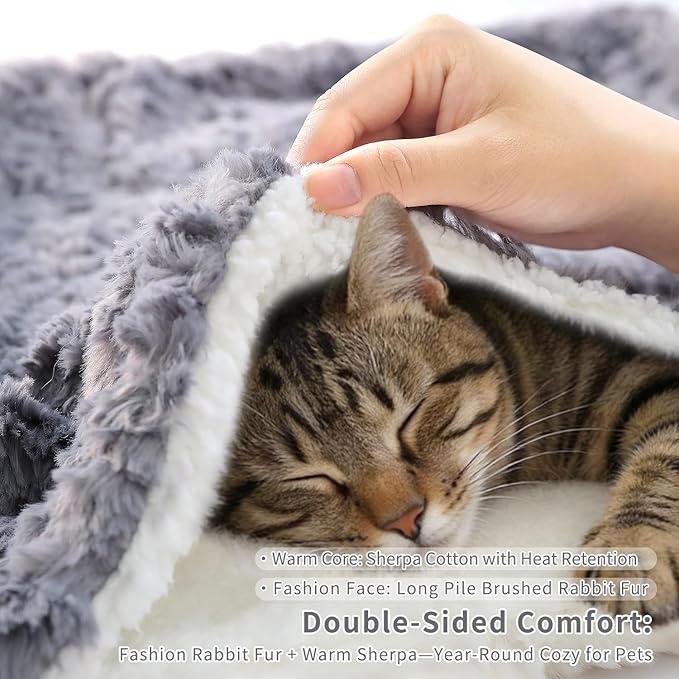 Cat Blanket for Indoor Cats - Ultra Thick 460GSM Faux Rabbit Fur & 260GSM Sherpa, Small Pet Throw for Carrier, Crate & Couch Protection, Soft Thermal Kitten Bedding, 21"x18" Grey