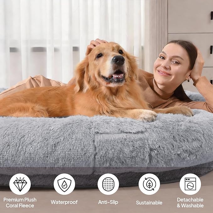 Giant Human Dog Bed for Adults and Pets, 74"x50"x12" Durable Memory Foam for Full-Body Comfort, Waterproof & Machine Washable Cover, Family Shared Lounger for Any Room, Grey