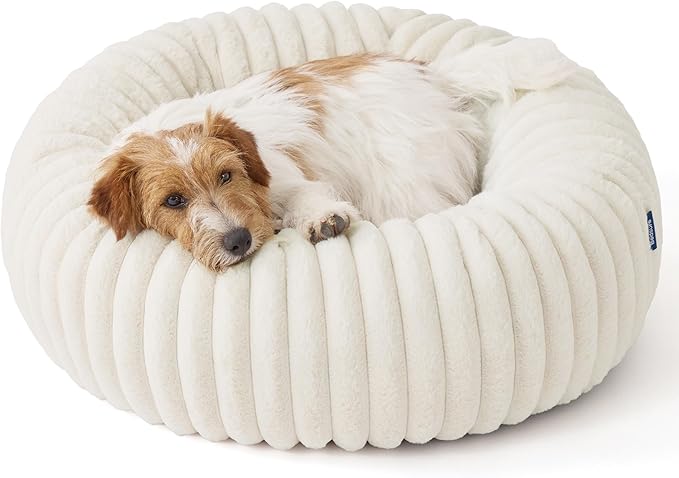 Bedsure ComfyFleece™ Donut Small Dog Bed - Dog Beds for Small Dogs with Corduroy Fleece & Anti Slip Bottom, Round Faux Fur Pet Beds with Washable Removable Cover, Cream, 27x27x8 inches