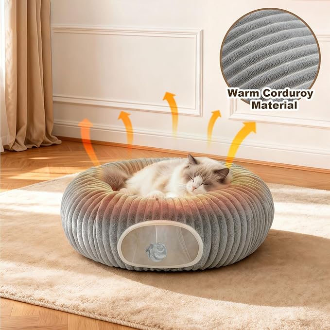 Cat Tunnel Bed for Indoor Cats, Peekaboo Cat Cave Bed,Soft Cat Donut Tunnel for Kitten Large Cats, Grey