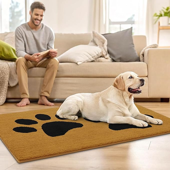 Buganda Dog Door Mat for Muddy Paws, Absorbent Dirt Trapper Washable Indoor Doormats, Non Slip Low-Profile Mud Mat for Dogs, Front Entrance Doormat for Inside Floor (36x24 Inches, Yellow and Black)