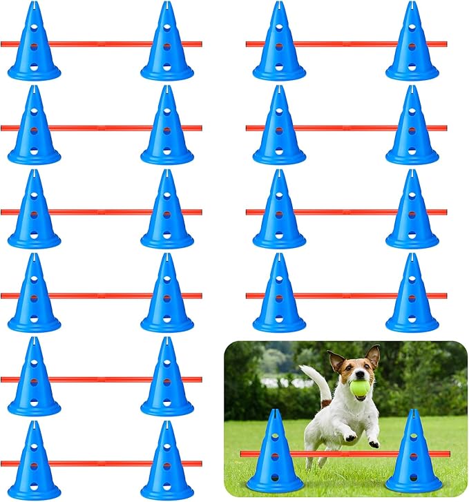10 Sets Dog Agility Hurdle Cone Set 20 Pcs Exercise Cones with 10 Pcs Rods Adjustable Obstacle Portable Agility Training Equipment Canine Pole(Blue and Orange)
