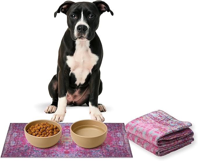 LOVEWAG Waterproof 2-Pack Pet Feeding Mats - 16" x 24" Premium Cat & Dog Food Mat - Non-Slip, Machine Washable Food Mat Protects Floors & Contains Water Bowl Spills - Pet Place Mats (Mystic Fuchsia)