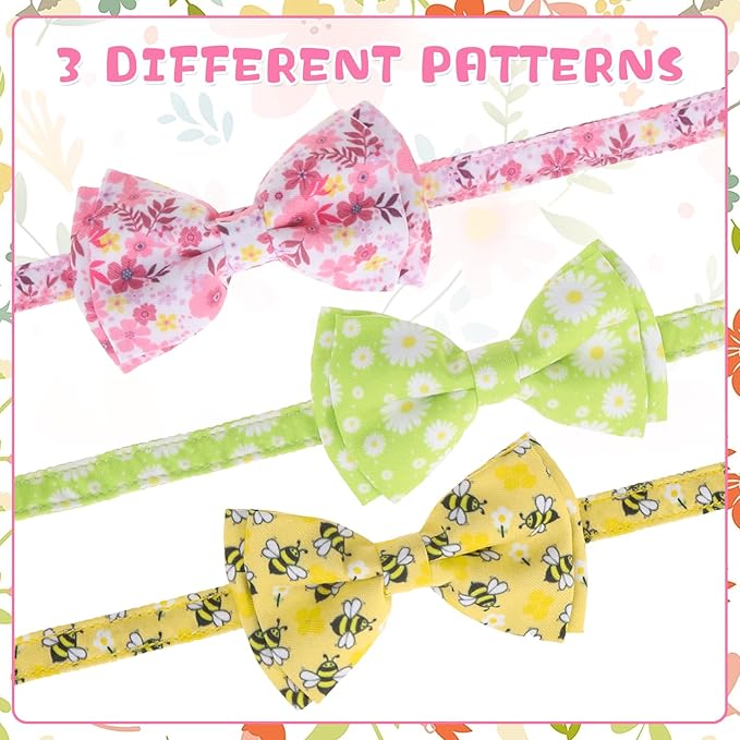 KOOLTAIL Spring Cat Collar with Bow Tie and Bell - 3 Pack Cute Cat Collars Breakaway with Flower & Bee Pattern, Adjustable Fancy Kitten Collar with Safety Buckle for Girls Boys Kitty