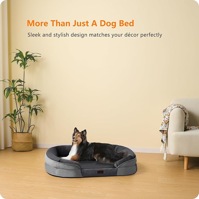 Dwanton Orthopedic Dog Bed for Large Dogs with Gel Memory Foam, Waterproof Dog Sofa, Washable Pet Bed with Four Sided Bolster Cushion, Removable Cover & Non-Slip Bottom, 38", Dark Gray