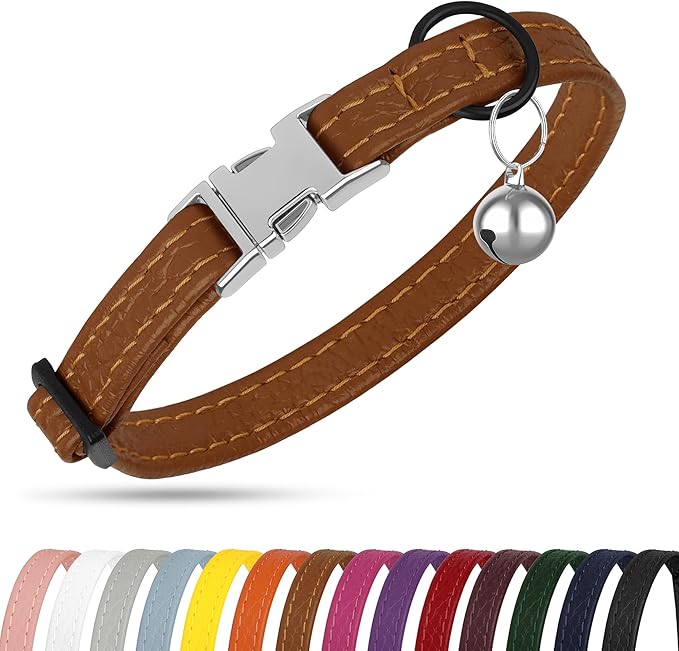 Leather Cat Collar with Buckle and Removable Bell - Non Breakaway Adjustable Soft Safety Small Pet Collars for Girl Boy Cats Kitten (Brown)
