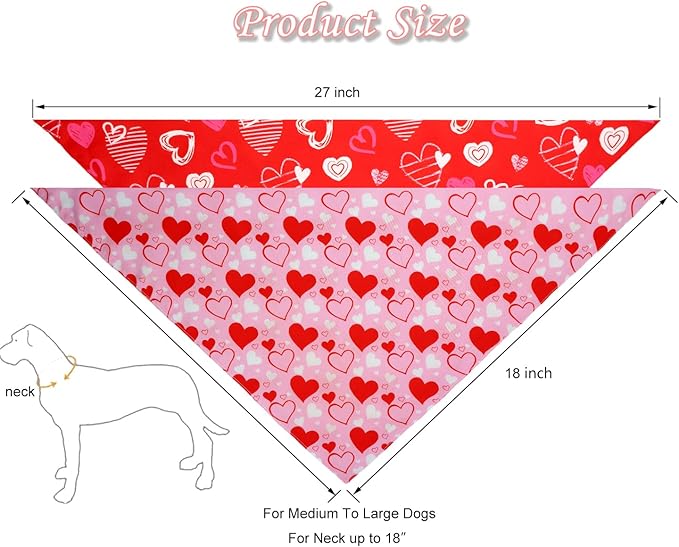 Valentine's Day Dog Bandanas Set 2PCS-Large,Heart Bandanas for Weddings and Holiday Party Costumes,Pet Scarves for Boys and Girls,Dog Outfit Gifts for Medium to Large Dogs(Pink&Red)